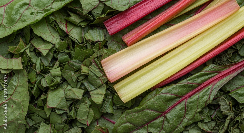 Poster Vibrant Display of Fresh Chard Beta Vulgaris Var Cicla with Colorful Stems and Leafy Greens Macro View Perfect for Product Display