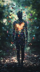 Enigmatic figure in enchanted forest surrounded by vibrant butterflies evoking emotion