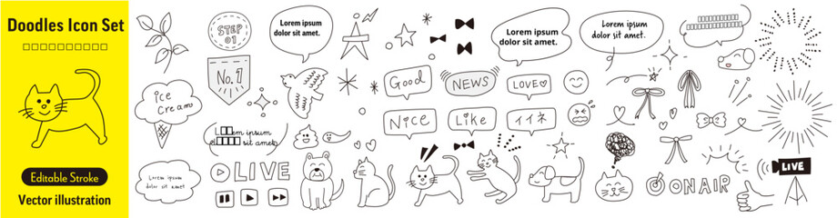 手書き風落書きアイコン 手描きイラスト ベクター素材集 (猫/犬/吹き出し/かわいい/編集可能)