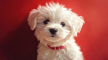 White Fluffy Puppy with Red Collar Against Red Background