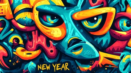 Obraz premium Colorful graffiti art features abstract shapes and prominent eyes