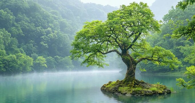 Peaceful lake island tree serenity