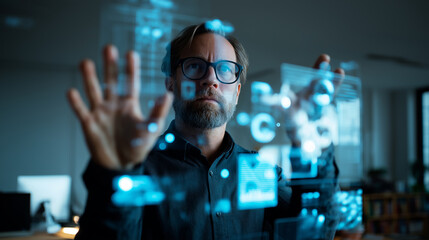 Businessman in a modern office using hand gestures to control floating data dashboards, AR elements glowing softly