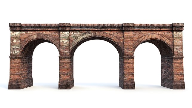 A brick aqueduct with three arches on a white background view