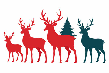 set of deer with christmas tree vector silhouette illustration isolated on white background