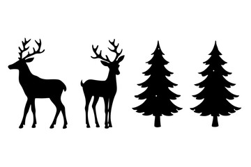 set of deer with christmas tree vector silhouette illustration isolated on white background