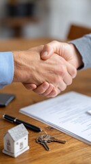 Two people shaking hands at a table, documents and keys nearby