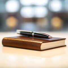 Brown Leather Notebook and Pen Business Office Desk