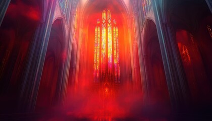 Naklejka premium Radiant Reverie: A cathedral bathed in vibrant stained glass light, an evocative sanctuary evoking mystery, majesty and reverence. 