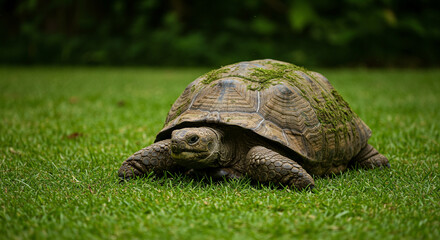 Fototapeta premium Resting Tortoise on Lawn with Moss Covered Shell