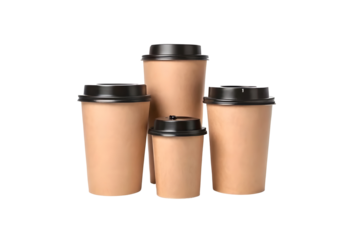 Isolated on white, a set of  bottles suggests a beauty routine, much like a disposable coffee cup holds a hot beverage 