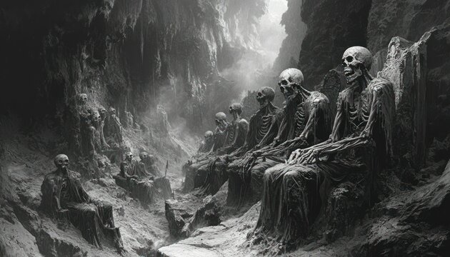 Row of seated skeletons in an eerie, grayscale stone canyon landscape