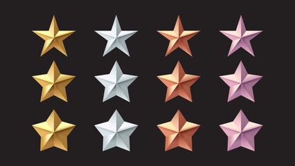 Fototapeta premium 3D Gold, Silver, Bronze, and Rose Gold Metallic Stars – Glossy Vector Icons for Champion Awards, Leadership, Game Ranking, and Customer Feedback on Black Background