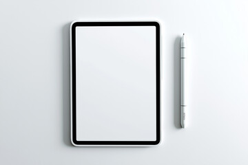 Clean and modern digital workspace featuring a blank tablet screen with stylus on a white desk. Soft shadows and minimal layout make this mockup perfect for showcasing app designs, digital planners, o