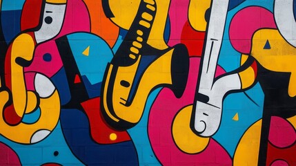 Abstract musical instruments and figures adorn a colorful wall