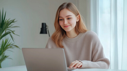Fototapeta premium Relaxed Smiling Slavic Woman Working on Laptop at White Desk, 8K Photo