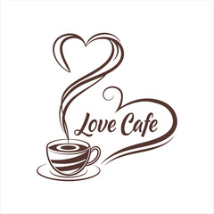 Romantic Coffee Cup with Heart-Shaped Steam – Love Cafe Logo Design.