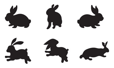 Set of rabbit silhouettes in various poses. Hand drawn black Easter bunny silhouettes isolated on a white background. Perfect decorative elements for design.