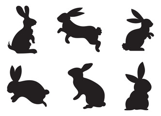 A collection of black silhouettes of rabbits in various poses and orientations against a white background.