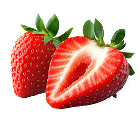 Strawberry on transparent background. PNG format. Strawberry with a half isolated png. Two sliced strawberries with no background. Full depth of field.