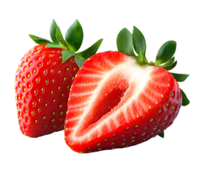 Strawberry on transparent background. PNG format. Strawberry with a half isolated png. Two sliced strawberries with no background. Full depth of field.