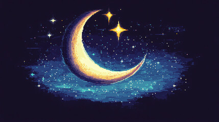 Naklejka premium Night Sky Whispers: A celestial scene features a gentle crescent moon and shimmering stars, painted against a backdrop of the deep blue sky, evoking a sense of peace and wonder.