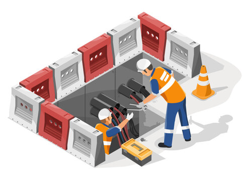 Two utility workers in safety uniforms repairing underground power cables inside a secured maintenance zone with orange barriers and traffic cone for urban electrical infrastructure upgrade isometric