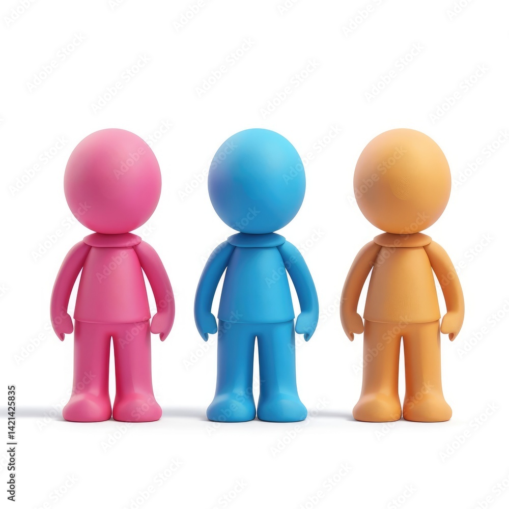 Poster three simple figures in various colors stand in a row.