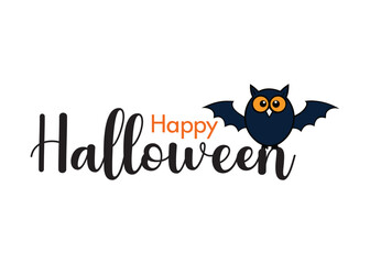 Happy Halloween card with a cute cartoon black cat, owl, and bat illustration on a pumpkin background, perfect for a funny holiday celebration