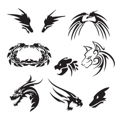 Tribal Tattoo Designs – Black Ink Vector Illustrations of Stylized Animal Heads, Dragons, and Mythical Creatures

