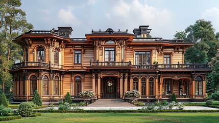 Obraz premium Historic wooden mansion showcasing luxurious architectural craftsmanship high resolution images