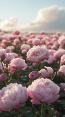 A field of pink peonies under a cloudy sky