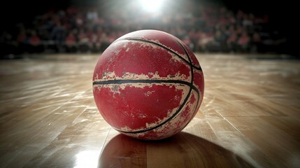 Top-down view of worn basketball on glossy hardwood with spotlight and dramatic shadows created with Generative AI technology

