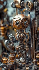 Intricate steampunk robot components in futuristic technology setting