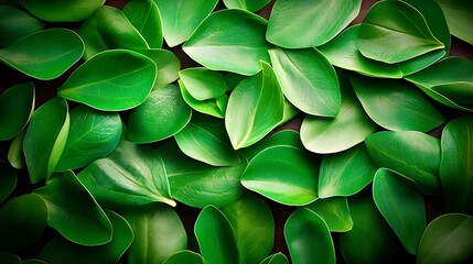 Green leaves spread across a surface, creating a calming and natural look. Fresh foliage aesthetic