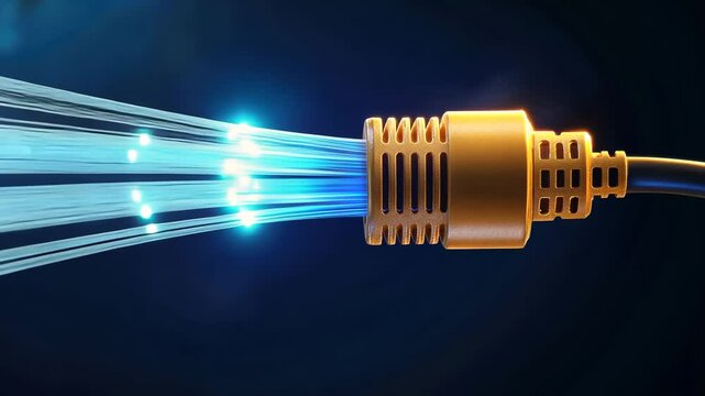 Fiber optic installation concept. A close-up of a fiber optic cable connector emitting bright, glowing light strands against a dark background, symbolizing data transmission and technology