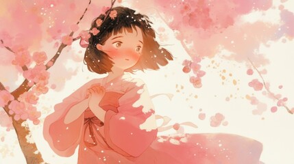 A young girl in a pink kimono standing under cherry blossom trees