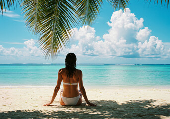 Obraz premium Serene Beach Vacation: Woman Relaxing Under Palm Trees on Tropical Island Shore