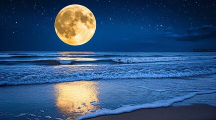 Full moon over night sea with gentle waves and starlit sky created with Generative AI technology