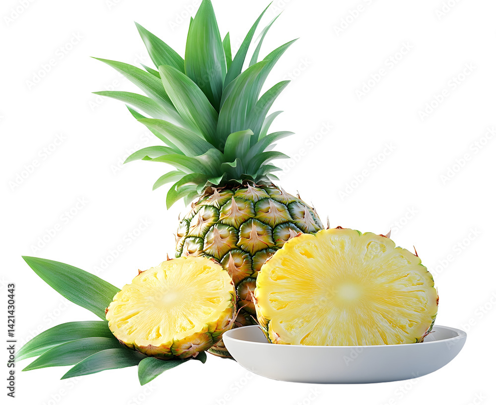 Poster whole pineapple and pineapple slice. pineapple with leaves isolate on white. full depth of field..