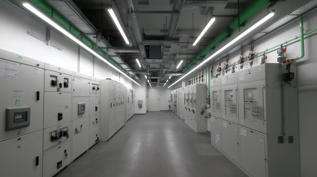 Sala t&eacute;cnica industrial con paneles el&eacute;ctricos y cableado visible