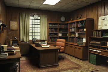 Classic wooden office with large desk bookshelves and rug