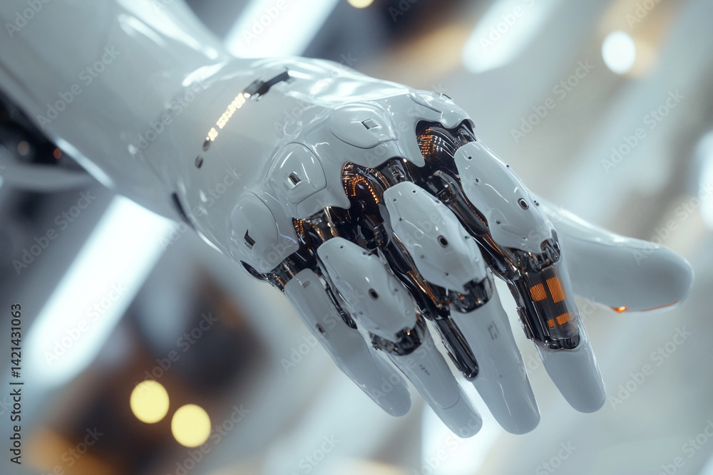 Poster advanced robotic hand intricate design futuristic technology close up view