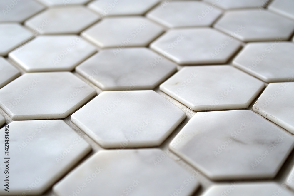Poster white hexagonal tiles arranged in a repeating pattern a close up view of a tiled surface