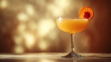 Elegant coupe glass of citrus cocktail with orange slice and cherry garnish on blurred golden bokeh background