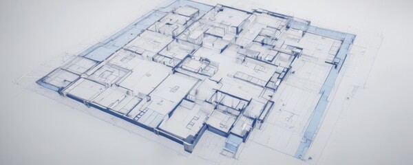 Blueprint effect overlay on architectural floor plan, digital template  Clean blue lines on white background , drawing, clean