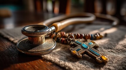 Antique stethoscope and cross
