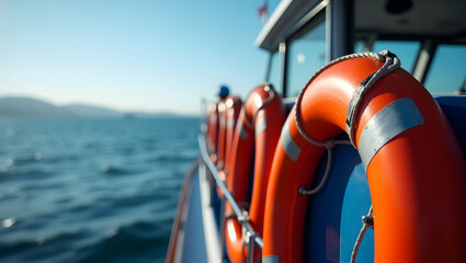 Boating Safety Procedures: Experienced Crew, Advanced Navigation, and Life-Saving Equipment for Maritime Security - Stock Image with Space