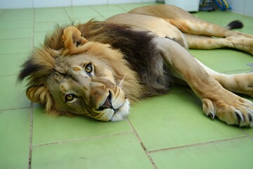 Naklejka premium Male Lion Resting Indoors on Green Tiled Floor