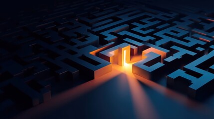 Abstract Maze with Illuminated Pathway Symbolizing Discovery and Problem Solving in Technology